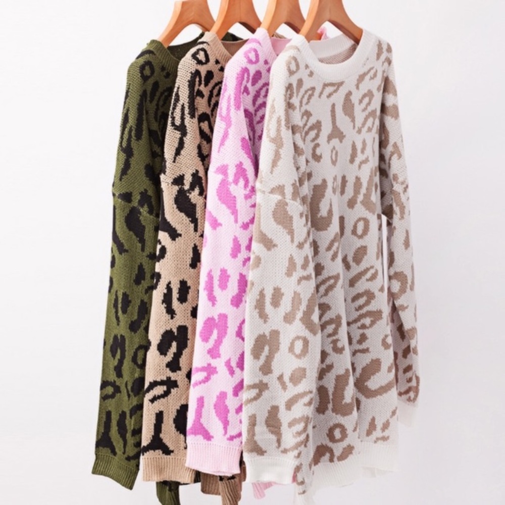 White Leopard Oversized Knit Sweater Dress - Picture 2 of 3